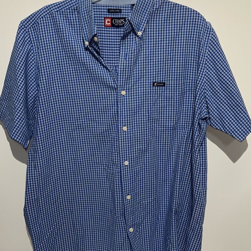 CHAPS Men's Blue Easy Care Gingham Short Sleeve Button Down Shirt‎ Size XL